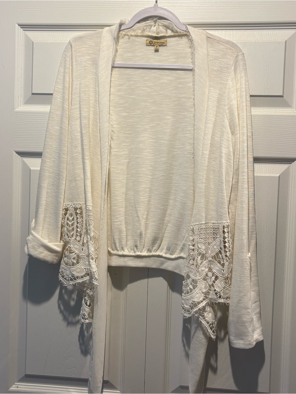 Democracy Cream Open-Front Waterfall  Cardiganw Lace Trim Roll Sleeve Boho Sz M